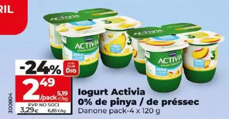 Oferta de Danone - Yogur Activia 0% De Pina/ De Melocotón por 2,49€ en Dia