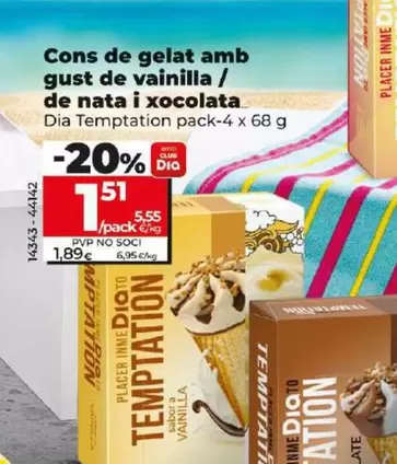 Oferta de Dia Temptation - Helados Cono Sabor A Vainilla/A Nata Y Chocolate  por 1,51€ en Dia