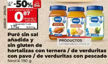 Oferta de Nestlé - Puré Sin Sal Añadida Y Sin Gluten De Hortalizas Con Ternera /  De Verduritas Con Pavo / De Verduritas Con Pescado 190 G por 1,75€ en Dia