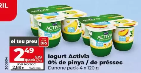 Oferta de Danone - Yogur Activia 0% De Melocotón por 2,49€ en Dia