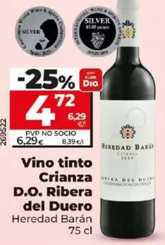 Oferta de Heredad Barán - Vino Tinto Crianza D.o. Ribera Del Duero por 4,72€ en Dia
