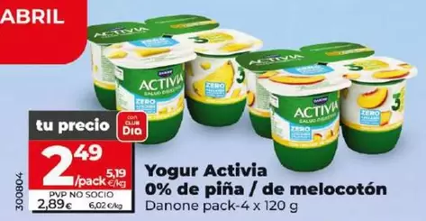 Oferta de Danone - Yogur Activia 0% De Melocotón por 2,49€ en Dia