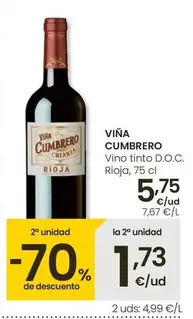 Oferta de Viña Cumbrero - Vino Tinto D.O.C. Rioja por 5,75€ en Eroski