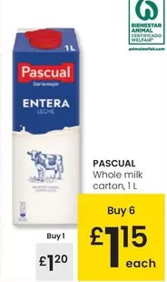 Oferta de Pascual - Whole Milk Carton por 1,2€ en Eroski