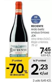 Oferta de Reciente - Vino Tinto D.O.C. Rioja Crianza por 7,45€ en Eroski