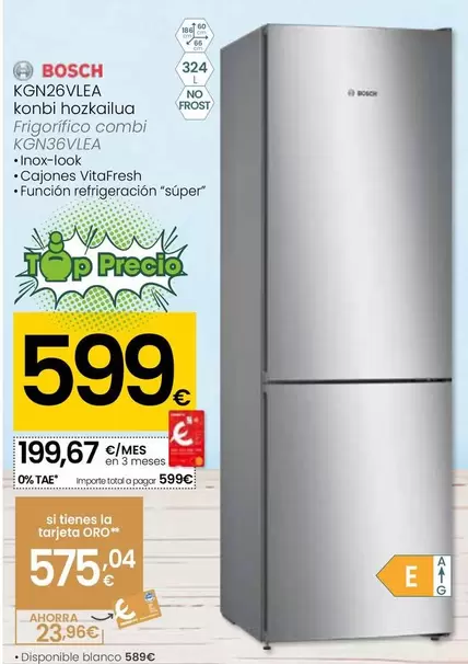 Oferta de Bosch - Frigorifico Combi Kgn36vlea por 599€ en Eroski