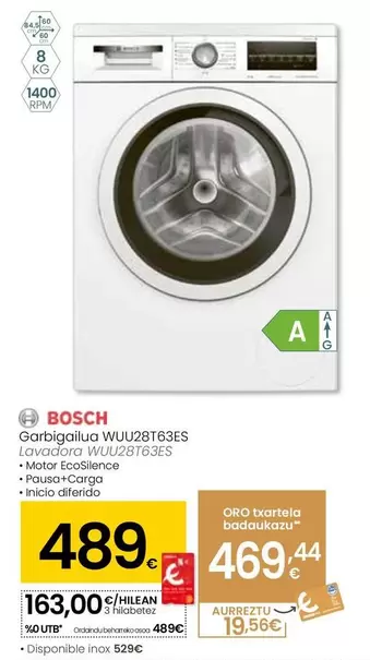 Oferta de Bosch - Lavadora WUU28T63ES  por 489€ en Eroski