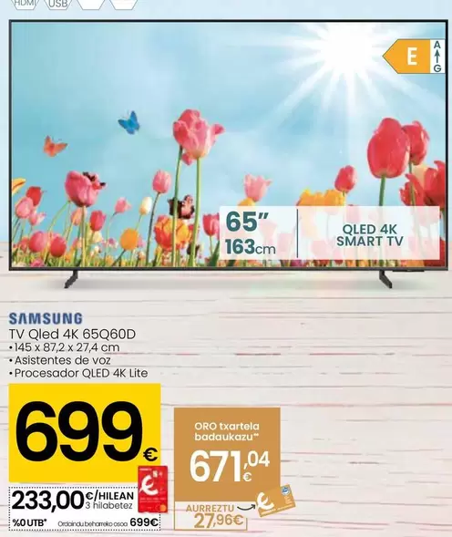 Oferta de Samsung - Tv Qled 4K 65Q60D  por 699€ en Eroski