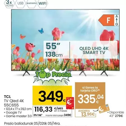 Oferta de TCL - Tv Qled 4K 55C655 por 349€ en Eroski