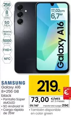 Oferta de Samsung - Galaxy A16 8 + 256 Gb Black por 219€ en Eroski