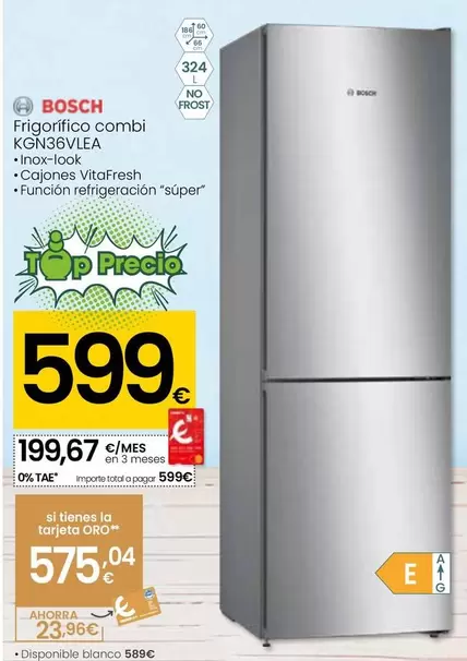 Oferta de Bosch - Frigorifico Combi Kgn36vlea por 599€ en Eroski