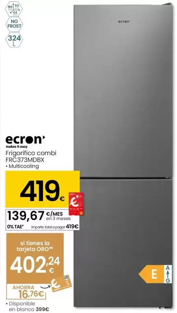 Oferta de Ecron - Frigorífico Combi FRC373MDBX por 419€ en Eroski
