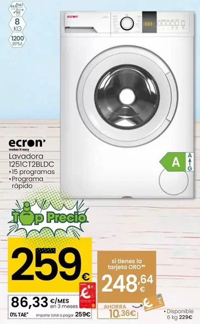 Oferta de Ecron - Lavadora 1251ct2bldc por 259€ en Eroski