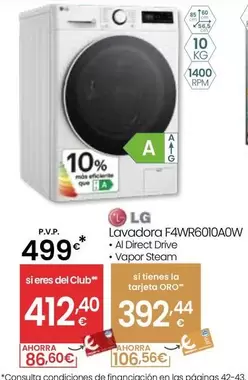 Oferta de LG - Lavadora F4WR6010AOW  por 499€ en Eroski