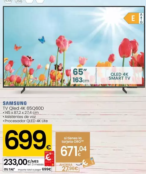 Oferta de Samsung - Tv Qled 4K 65Q60D  por 699€ en Eroski