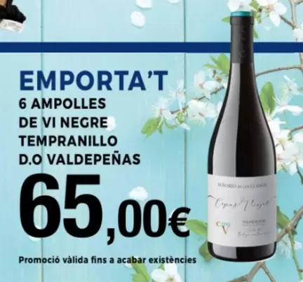 Oferta de Tempranillo - 6 Ampolles De Vi Negre  D.O. Valdepenas por 65€ en Supermercats Jespac