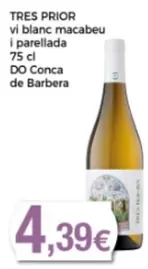 Oferta de Tres Prior - Vi Blanc Macabeu I Paellada por 4,39€ en Supermercats Jespac