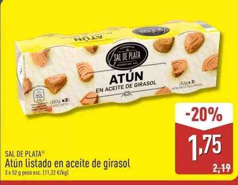 Oferta de Sal De Plata - Atun Listado En Aceite De Girasol por 1,75€ en ALDI