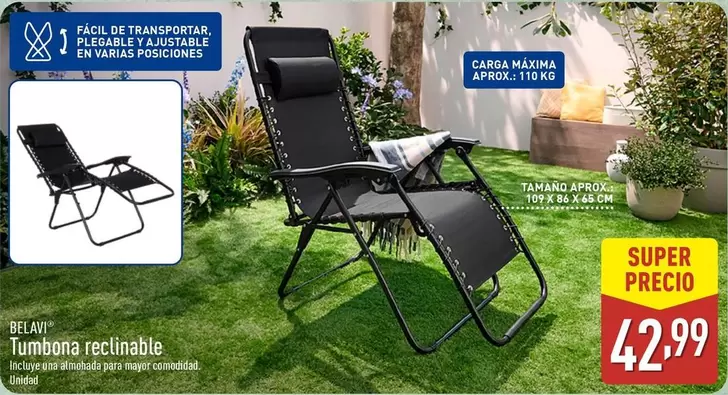 Oferta de Belavi - Tumbona Rectinable por 42,99€ en ALDI