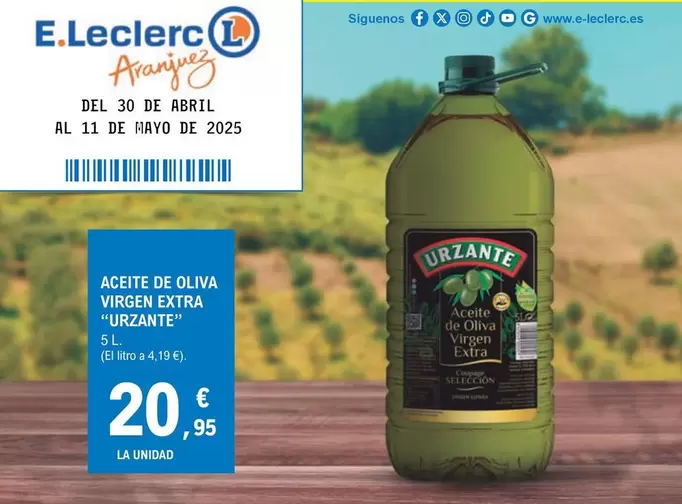 Oferta de Urzante - Aceite De Oliva Virgen Extra por 20,95€ en E.Leclerc
