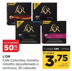 Oferta de L'or - Cafe Colombia, Ristretto, Ristretto Descafeinado O Sontuoso, 20 Cápsulas por 7,49€ en Alimerka