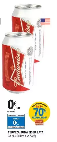 Oferta de Budweiser - Cerveza Lata por 0,9€ en E.Leclerc