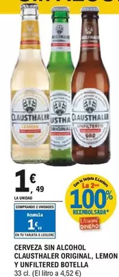 Oferta de Clausthaler - Cerveza Sin Alcohol Original/  Lemon Y Unfiltered Botella por 1,49€ en E.Leclerc