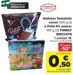 Oferta de Family - Galletas Tostakids Cacao O Petit 0% Azucar por 1€ en Carrefour