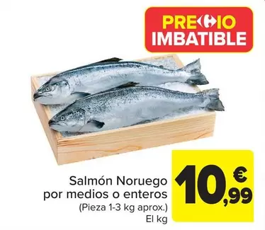 Oferta de Salmón Noruego Por Medios O Enteros por 10,99€ en Carrefour