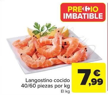 Oferta de Langostino Cocido 40/60 Piezas Por Kg por 7,99€ en Carrefour