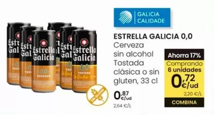 Oferta de Estrella Galicia - 0,0 Cerveza Sin Alcohol Tostada Clasica O Sin Gluten por 0,72€ en Eroski