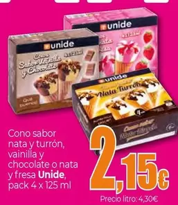 Oferta de Unide - Cono Sabor Nata Y Turron, Vainilla Y Chocolate O Nata Y Fresa por 2,15€ en Unide Market