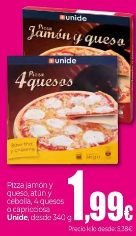 Oferta de Unide - Pizza Jamón Y Queso, Atún Y Cebolla, 4 Quesos O Capricciosa por 1,99€ en UDACO