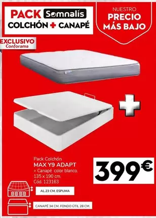 Oferta de Somnalis - Pack Colchón Max Y9 Adapt + Canapé Color Blanco por 399€ en Conforama
