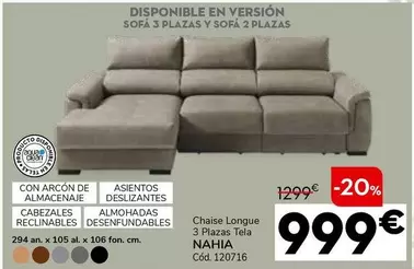 Oferta de Chaise Longue 3 Plazas Tela Nahia por 999€ en Conforama