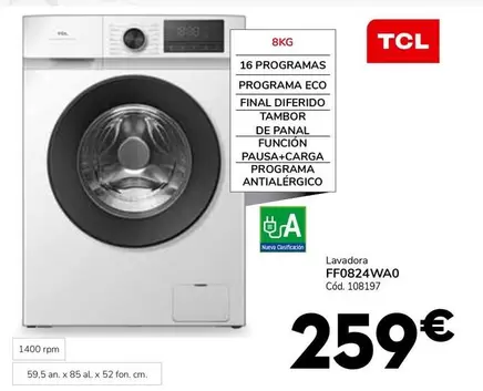 Oferta de TCL - Lavadora Ff0824wa0 por 259€ en Conforama