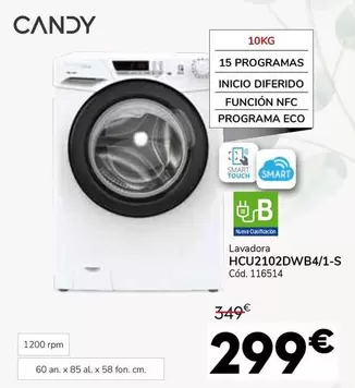 Oferta de Candy - Lavadora HCU2102DWB4/1-S por 299€ en Conforama