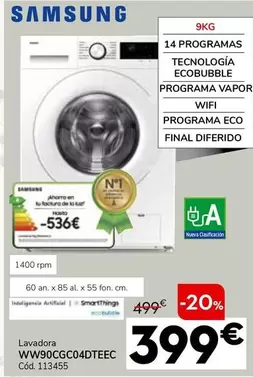 Oferta de Samsung - Lavadora Ww90cgc04dteec por 399€ en Conforama