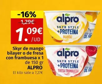 Oferta de Alpro - Skyr De Mango Bilayer O De Fresa Con Frambuesa por 1,09€ en Maskom Supermercados
