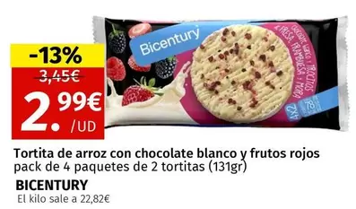 Oferta de Bicentury - Tortita De Arroz Con Chocolate Blanco Y Frutos Rojos por 2,99€ en Maskom Supermercados