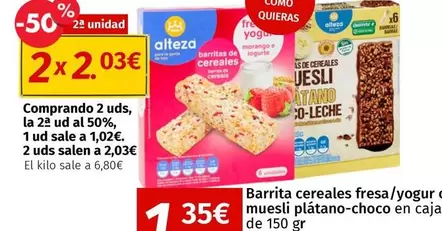 Oferta de Alteza - Barrita Cereales Fresa/ Yogur O Muesli Plátano-Choco por 1,35€ en Maskom Supermercados