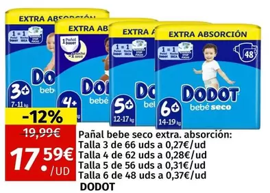Oferta de Dodot - Pañal Bebe Seco Extra por 17,59€ en Maskom Supermercados