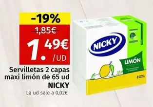 Oferta de Nicky - Servilletas 2 Capas Maxi Limon De 65 Ud por 1,49€ en Maskom Supermercados