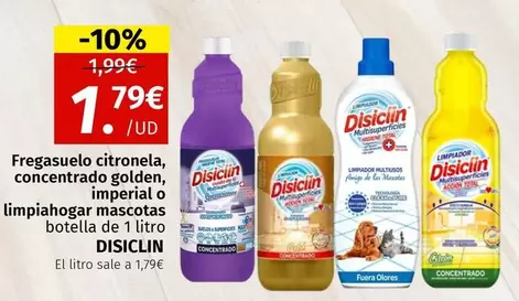 Oferta de Disiclin - Fregasuelo Citronela , Concentrado Golden, Limpiahogar Mascotas por 1,79€ en Maskom Supermercados