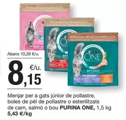Oferta de Purina One - Menjar Per A Gats Júnior De Pollastre, Boles De Pêle De Pollastre O Esterilitzats De Carn, Salmó O Bou por 8,15€ en BonpreuEsclat