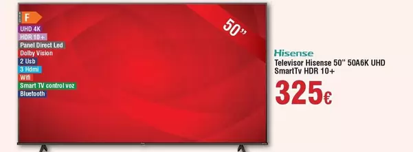 Oferta de Hisense - Televisor 65q 50a6k Uhd Smartit Hdr 10+ por 325€ en Froiz