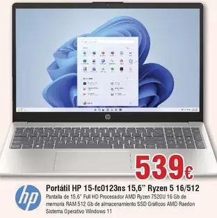 Oferta de HP - Portátil 15-fc0123ns 15,6" Ryzen 5 16/512 por 539€ en Froiz