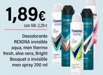 Oferta de Rexona - Desodorante Invisible Aqua, Men Thermo Fresh, Aloe Vera, Bright Bouquet O Invisible Men Spray por 1,89€ en Cash Ifa