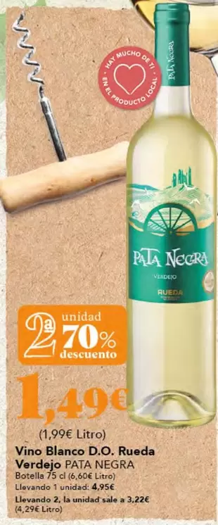 Oferta de Pata Negra - Vino Blanco D.O. Rueda Verdejo por 1,99€ en Gadis