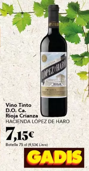 Oferta de Lopez de haro - Vino Tinto D.o.ca. Rioja Crianza por 7,15€ en Gadis